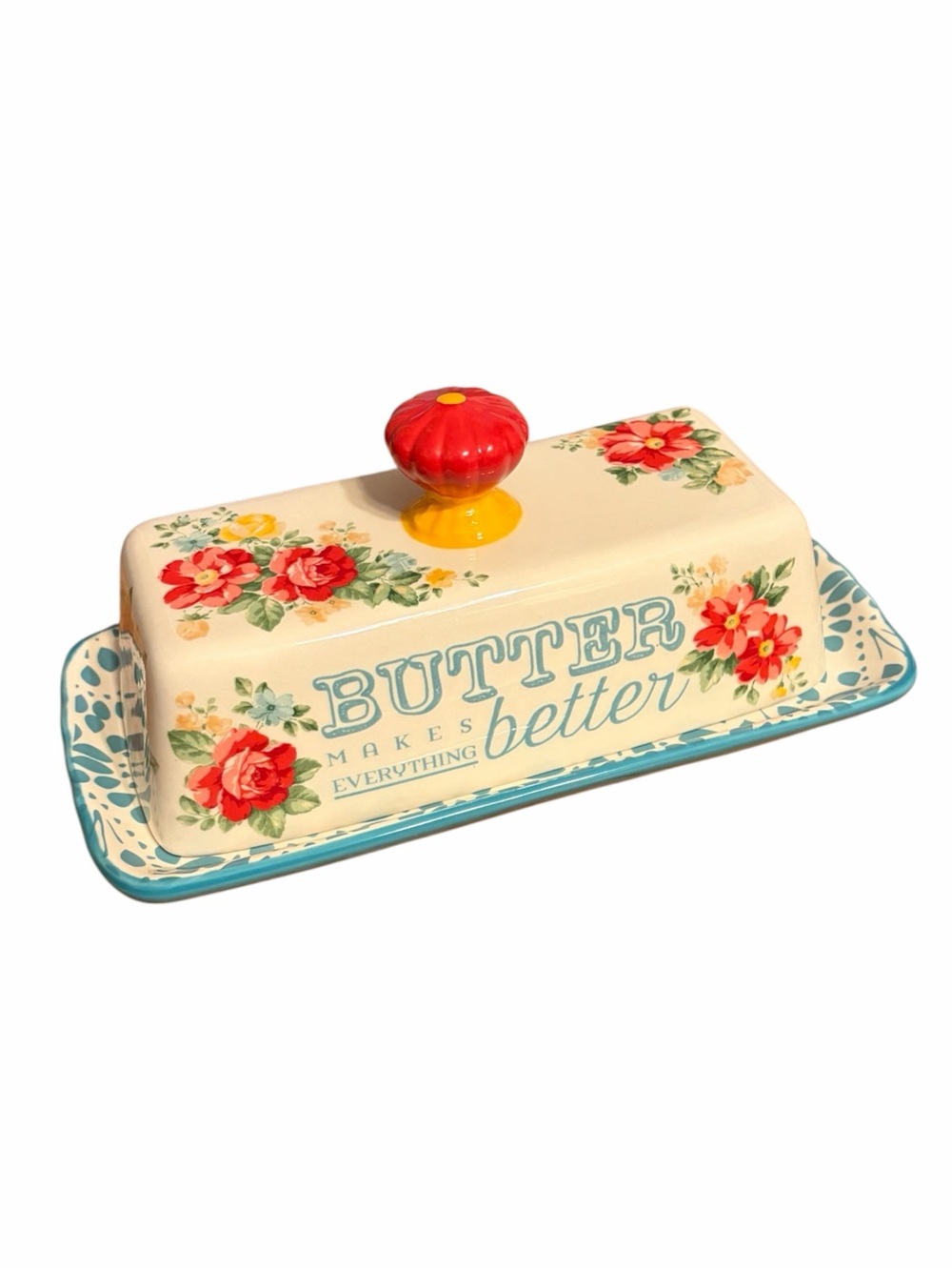 The Pioneer Woman Floral Butter Dish with Red Flower Knob and Yellow Base